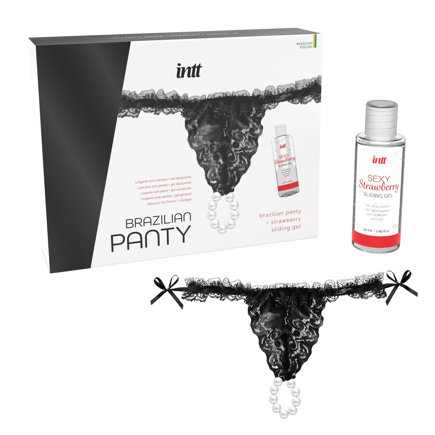 CUECAS BRASILEIRAS PRETAS COM PÉROLAS E GEL LUBRIFICANTE 50ML INTTT. ÚNICO