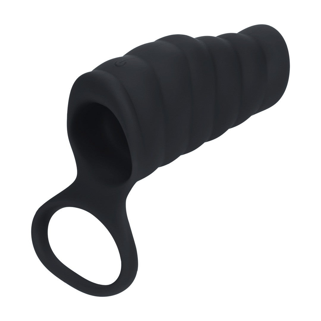 MANGA VIBRATÓRIA DE SILICONE COM ESTRIAS PARA O PÊNIS E ANEL PARA OS TESTÍCULOS PRETO