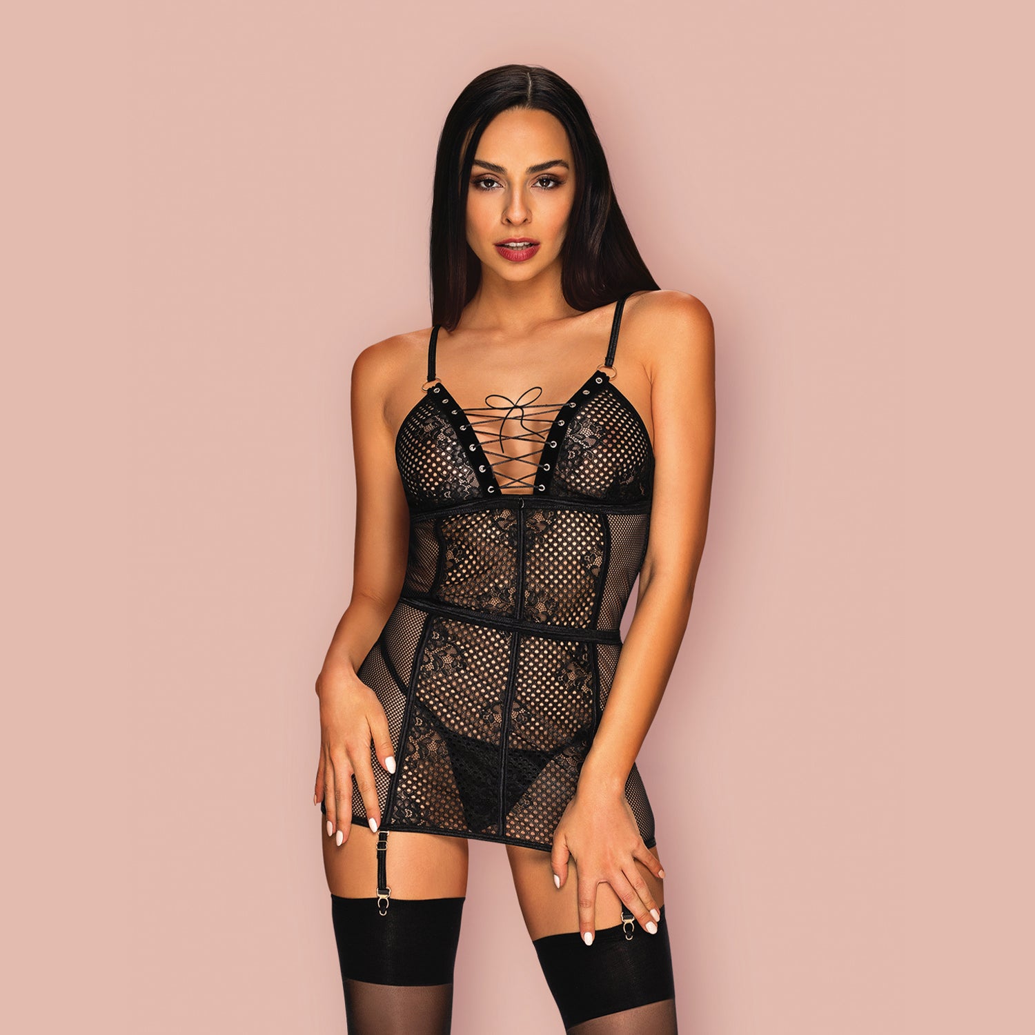 CAMISA DE NOITE E TANGA BASITTA OBSESSIVE PRETA36-38 S/M